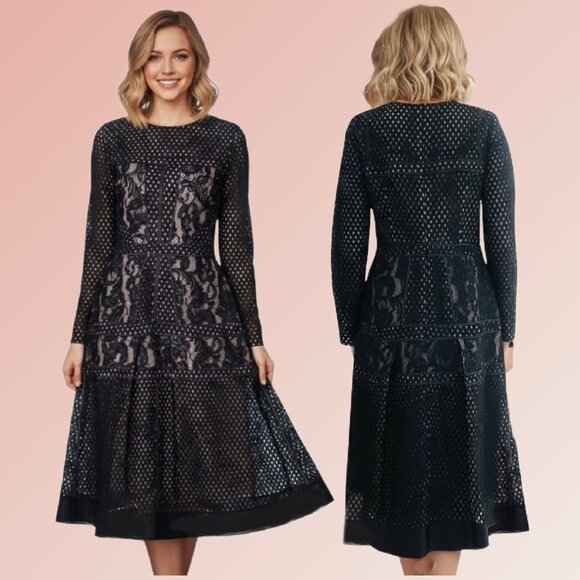 MIRI Dresses & Skirts - MIRI Floral Dot Pattern Black Lace Overlay Structured Detailed Midi Dress Sz 6